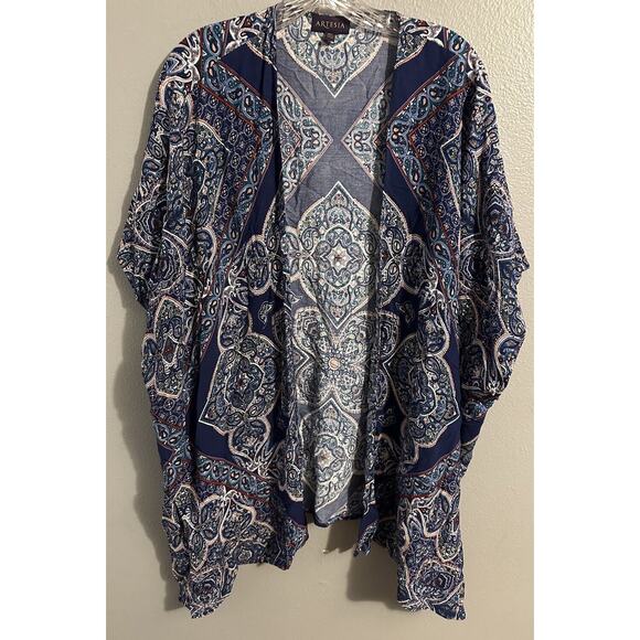 ARTESIA Womens M/L Patterned BOHO Kimono Open Front Bat Wing Sleeve Flowy EUC - Picture 1 of 6